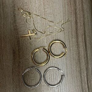 … cross 14k gold, 14k yellow gold hoops, 14k white gold hoops.